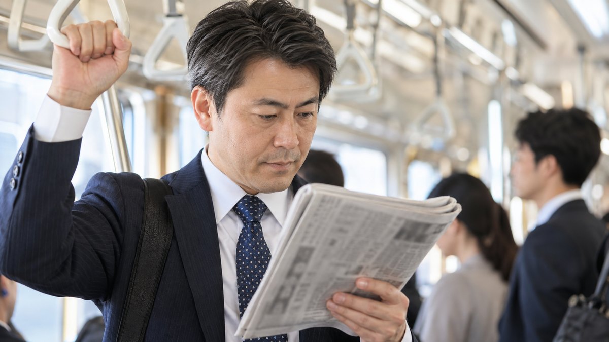 平日の朝、通勤電車の中で、40代の男性会社員がつり革につかまりながら、折りたたんだ新聞を片手で読んでいる近景。新聞の文字は読めない