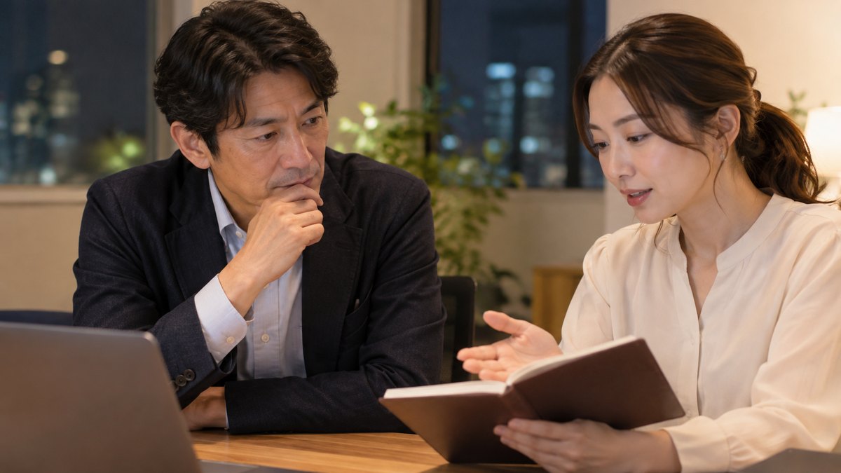 平日の夜、小さな打ち合わせスペースで、40代の男性が机の向かいに座る30代の女性の話に耳を傾け、女性が手元のノートを見ながら相談している近景。ノートの文字は見えない