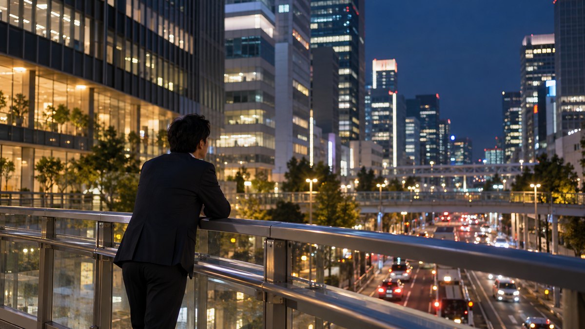 平日の夜、オフィス街の歩道橋の上で、30代の男性会社員が手すりにもたれ、街の明かりを眺めながら考えごとをしている遠景。看板や建物に文字は見えない