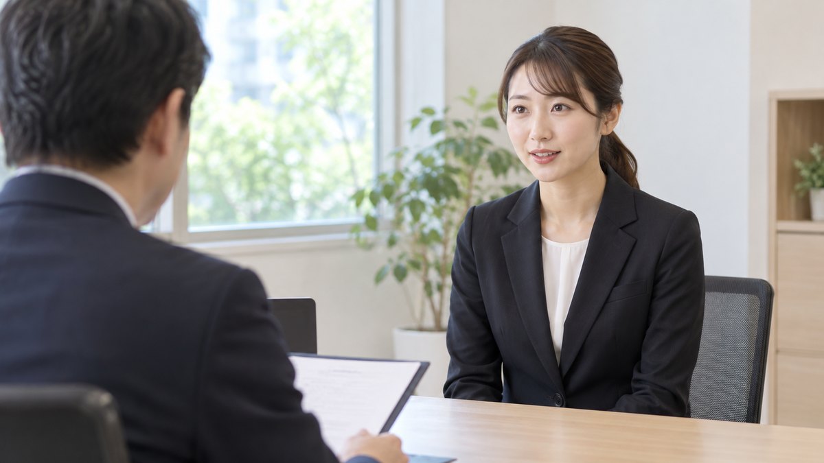 午後、明るく静かな面談室で、30代の女性が机をはさんで座る面接官の前で、背すじを伸ばして落ち着いた表情で受け答えしている。面接官は手前に背中だけ写る。机の書類の文字は見えない