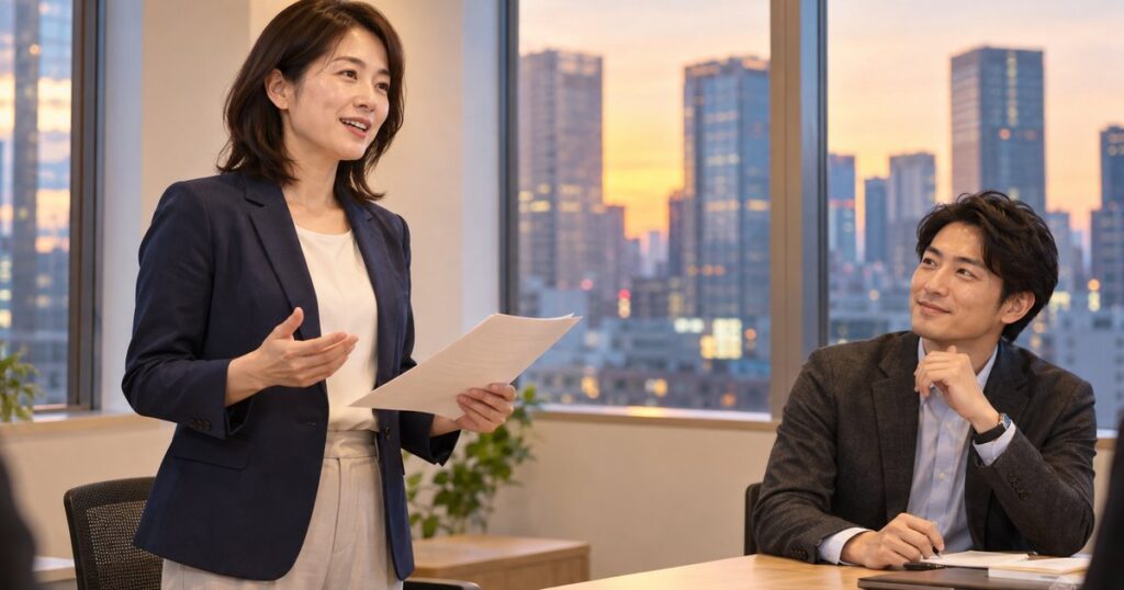 新宿の話し方教室で会社員が原稿を手に話し講師が聞く様子