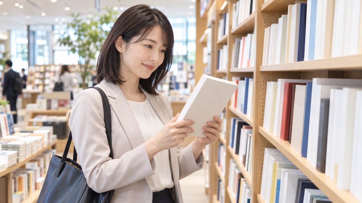 書店のビジネス書の棚の前で、雑談力の本を手に取って眺める女性会社員