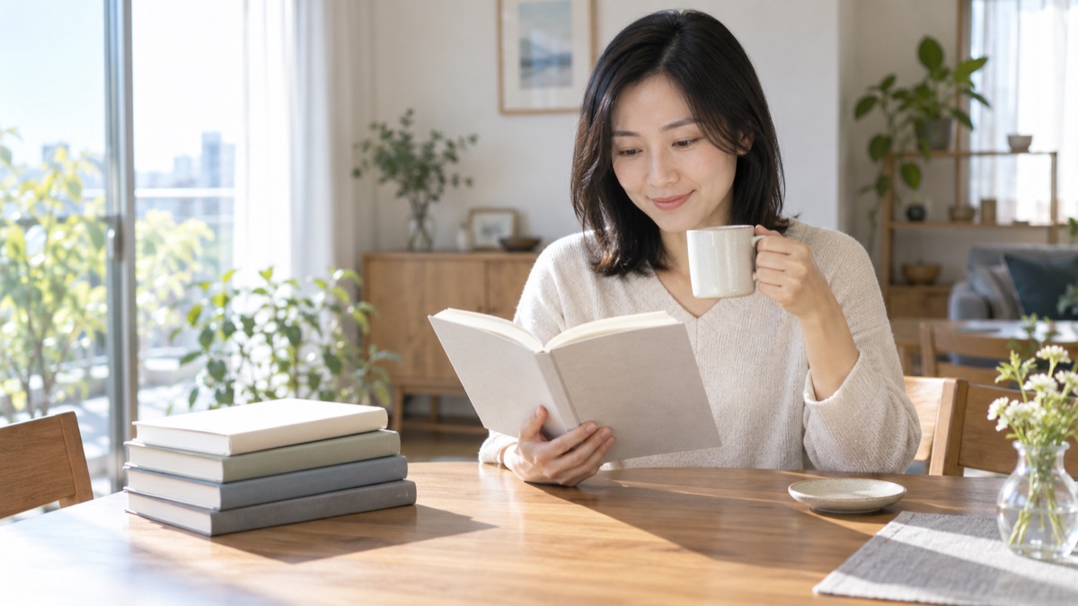 休日の朝、自宅のテーブルに雑談力の本を並べ、コーヒーを飲みながら読む女性
