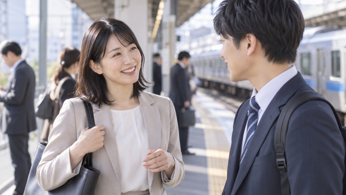 朝の駅のホームで、電車を待ちながら後輩に笑顔で話しかける女性会社員