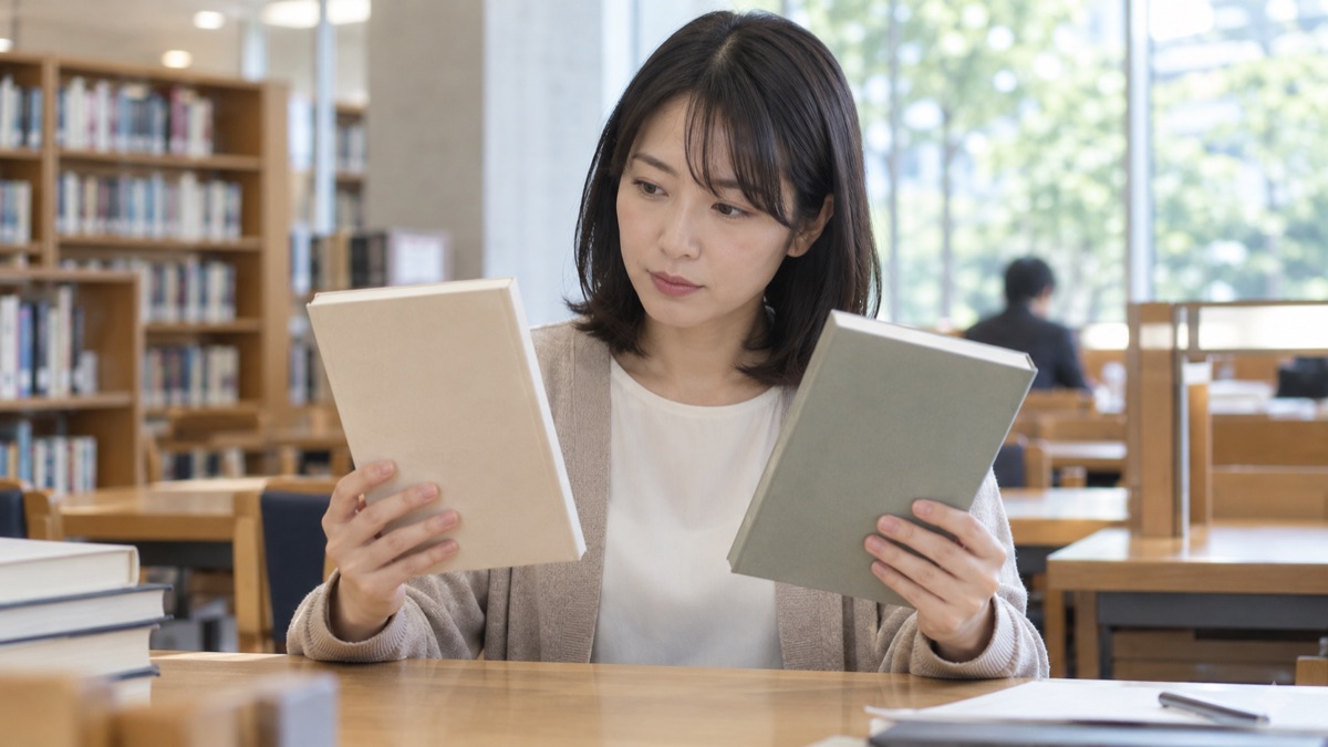 図書館の閲覧席で、雑談力の本を2冊並べて見比べる女性