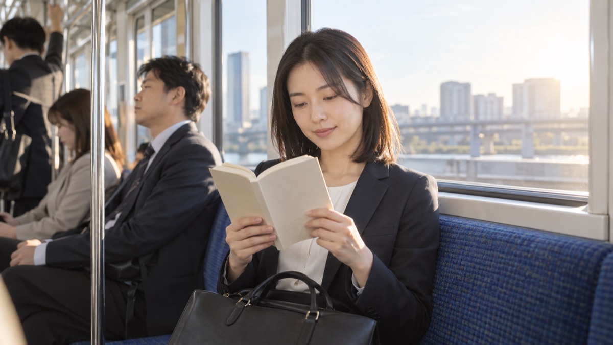 通勤電車の座席で、カバーをかけた本を読む女性会社員