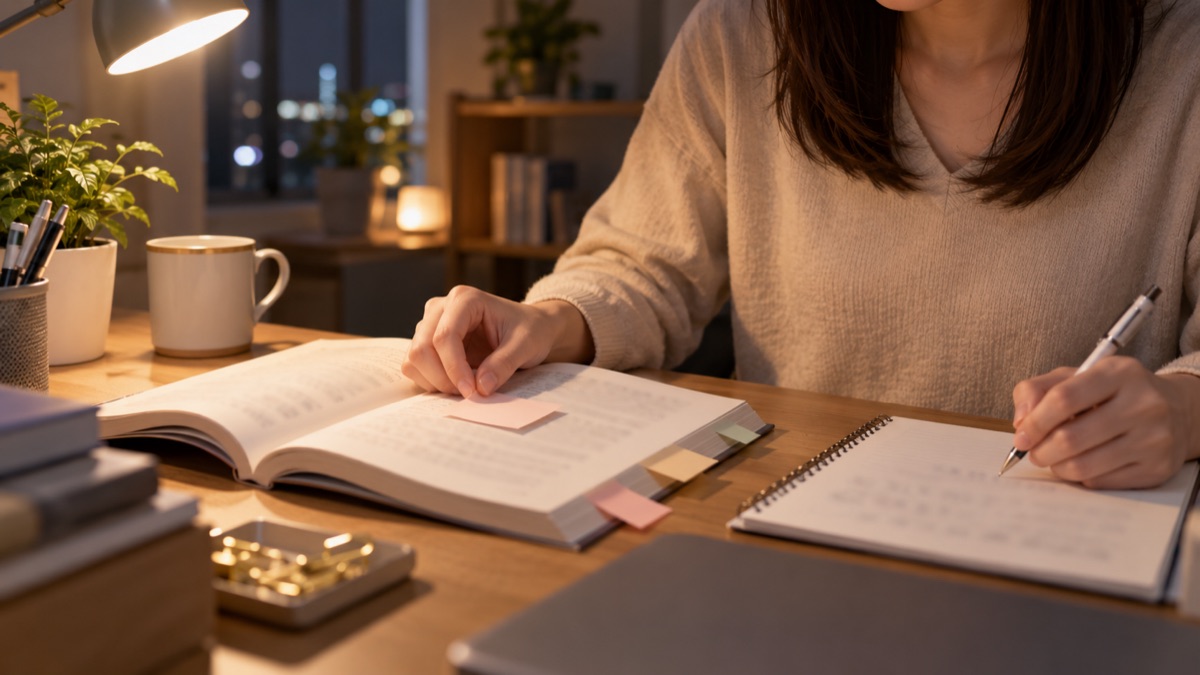 自宅の机で、本に付箋を貼りながらノートにメモを書く手元