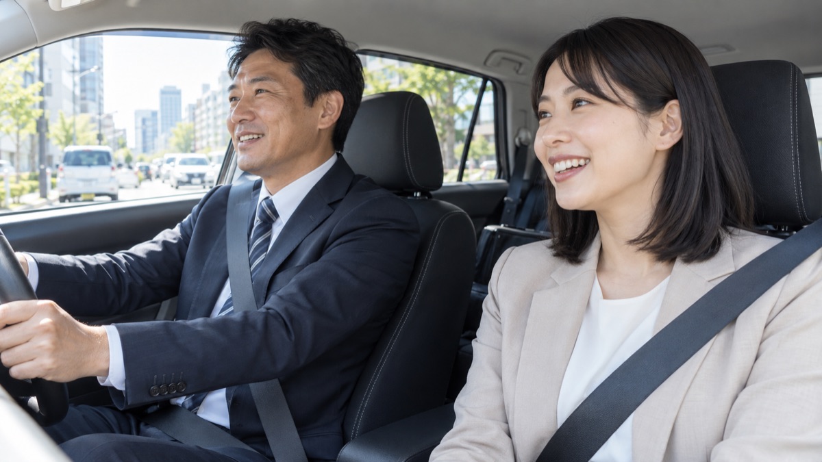 社用車の助手席で、運転する先輩と会話する女性会社員