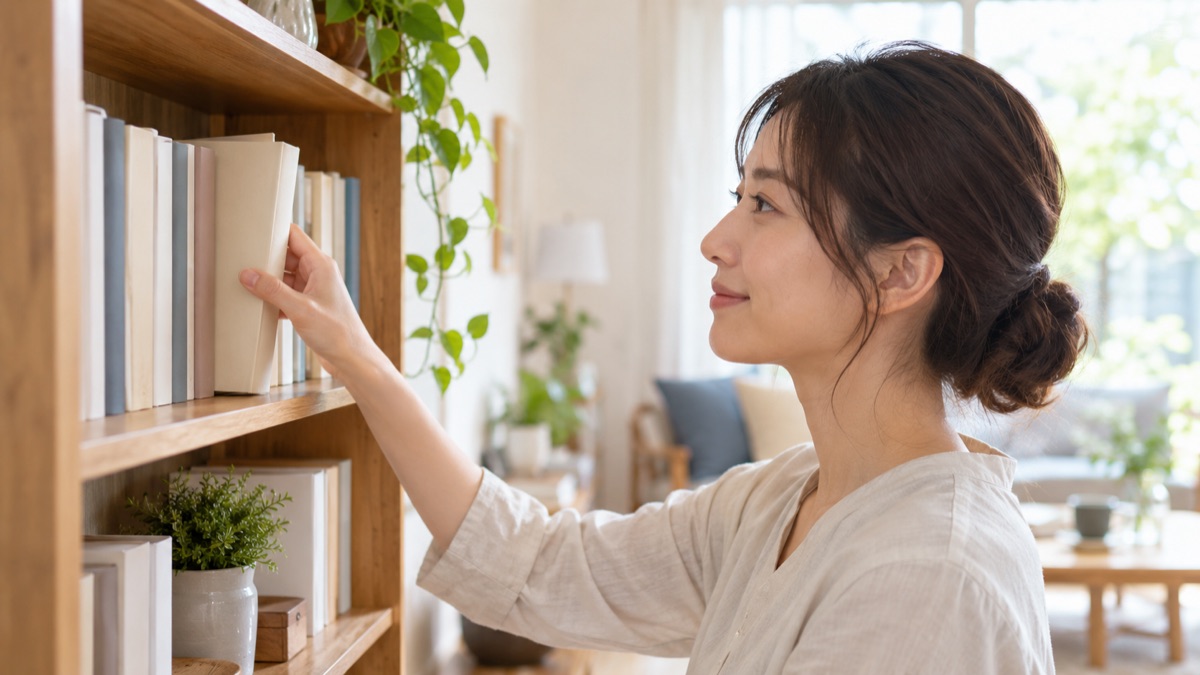 自宅の本棚に、読み終えた本を戻す女性