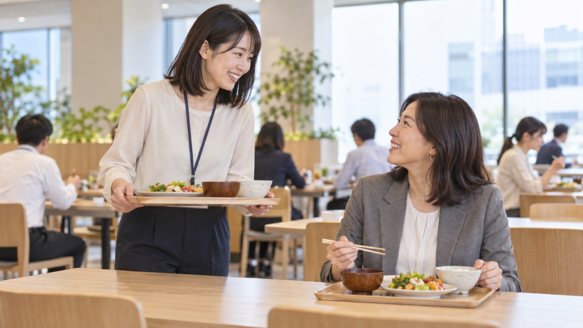 社員食堂で、同じテーブルの先輩に笑顔で話しかける女性会社員