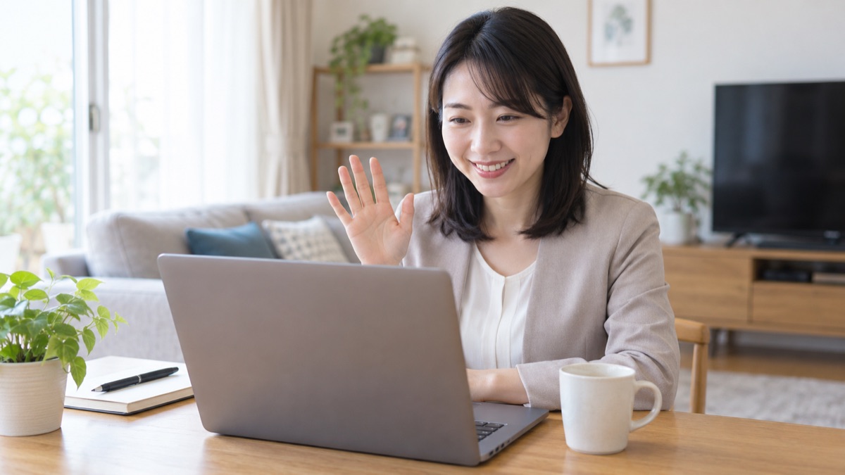 自宅でオンライン会議が始まる前に、画面に向かって笑顔で手を振る女性会社員