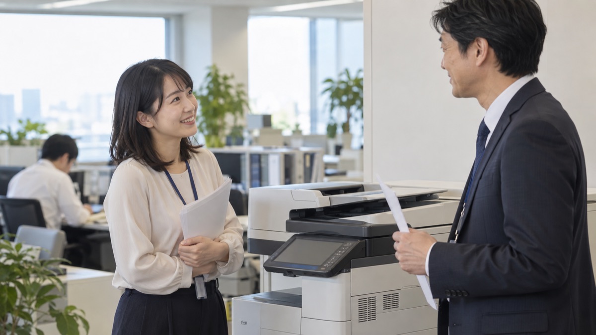 オフィスのコピー機の前で、別部署の男性に会釈して話しかける女性会社員