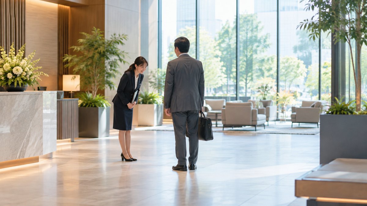 午後、会社の来客用の明るいロビーで、30代の女性会社員が初めて訪れた40代の男性の来客を迎え、軽くお辞儀をしながら笑顔で一言かけている遠景。顔ははっきり写らない。看板や表示の文字は見えない