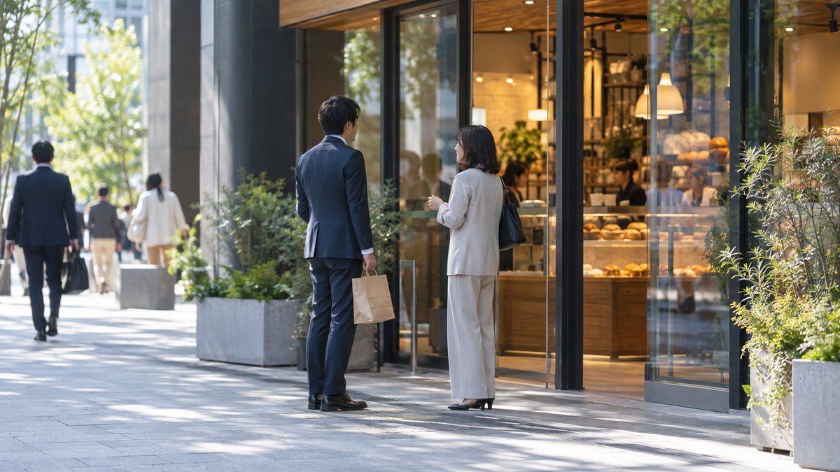 昼、オフィスビルの1階のパン屋の前で、30代の男性会社員が紙袋を手に、取引先の40代の女性と立ち止まって軽く話している遠景。顔ははっきり写らない。店の看板や文字は見えない
