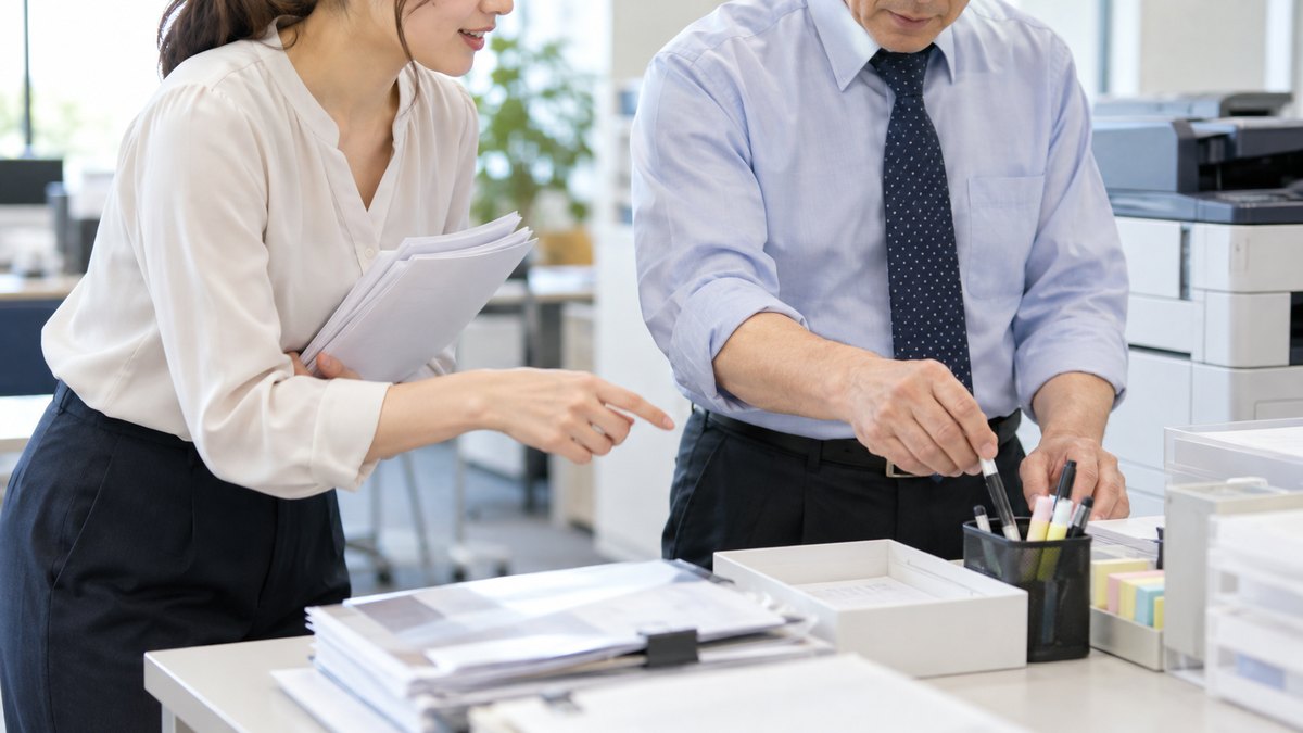 午後、オフィスの複合機のそばの小さな作業台で、30代の女性会社員が書類をそろえながら、隣で作業する50代の男性の同僚の手元の文房具を見て話しかけている近景。顔ははっきり写らない。書類の文字は読めない