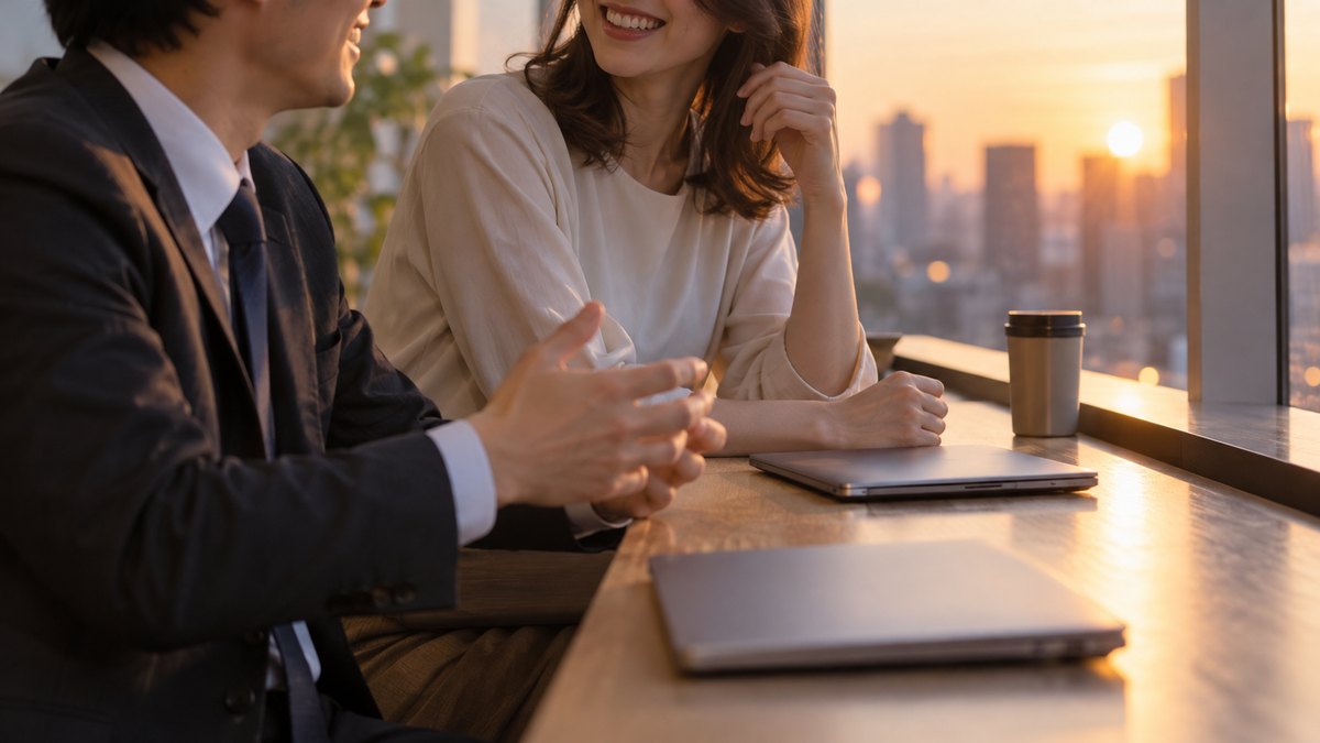 夕方、オフィスの窓ぎわのカウンター席で、30代の男性会社員と同じチームの30代の女性の同僚が並んで座り、パソコンを閉じたあと笑いながら軽く話している近景。顔ははっきり写らない。画面と紙の文字は見えない