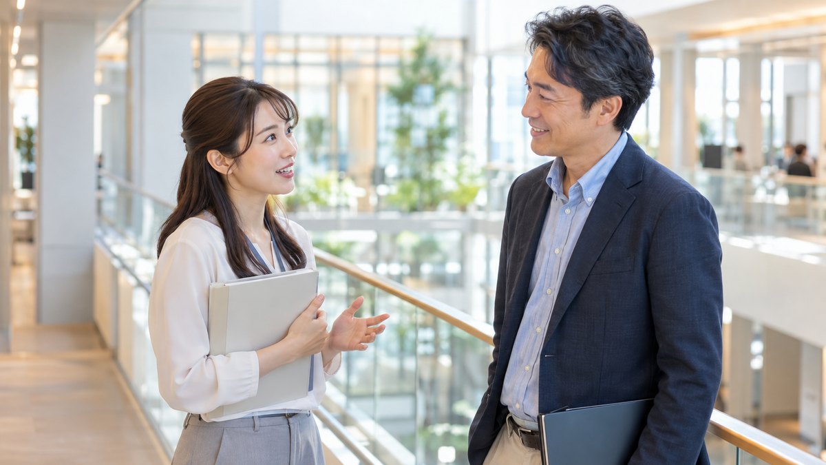 オフィスの通路で同僚に穏やかに一言話しかける女性会社員
