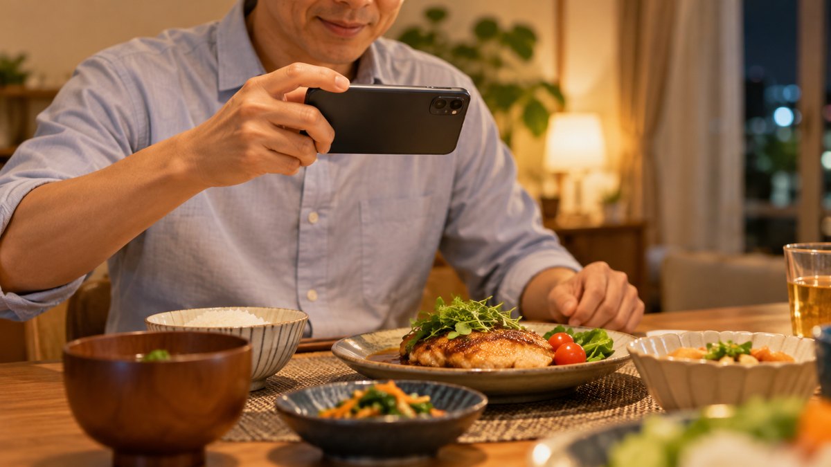 夜、自宅のダイニングで、40代の男性会社員がスマートフォンを片手に、テーブルの上の夕食の写真を撮ろうとして穏やかにほほえんでいる近景。顔ははっきり写らない。スマホの画面の文字は見えない