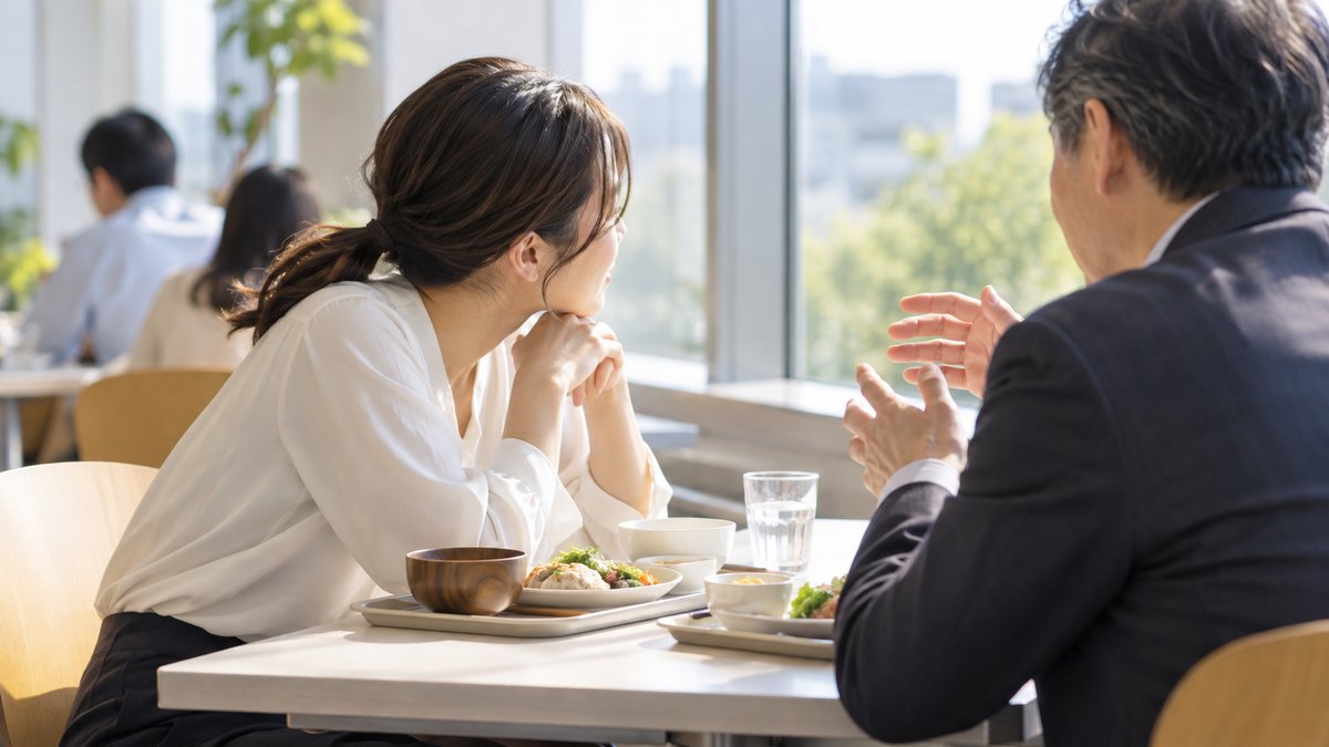 昼、社員食堂の窓ぎわの2人がけの席で、30代の女性会社員が向かいの50代の男性の先輩の話に、箸を置いて身を乗り出すように耳を傾けている近景。顔ははっきり写らない。メニューや掲示の文字は見えない