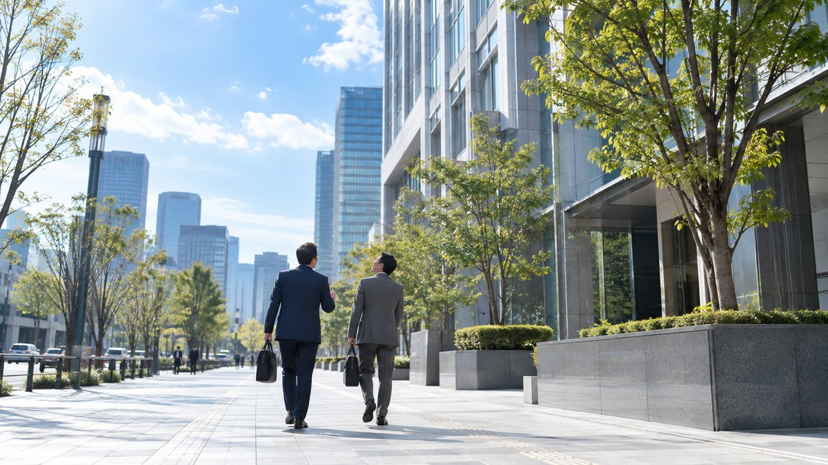 朝、オフィスビルの前の広い歩道で、40代の男性会社員と30代の男性の同僚が、出勤途中に並んで歩きながら空を見上げて天気の話をしている遠景。顔ははっきり写らない。看板の文字は見えない