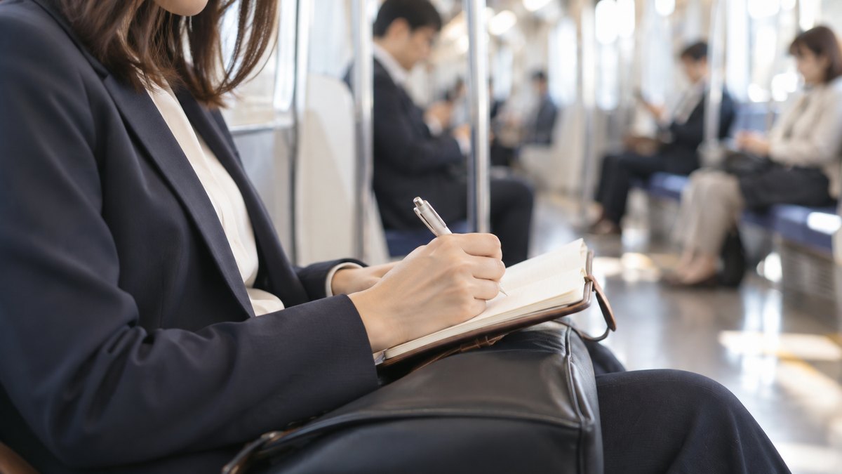 朝、通勤電車の座席に座った30代の女性会社員が、膝の上の小さな手帳にペンで短くメモを書いている手元と肩の近景。周りの乗客はぼやけている。顔ははっきり写らない。手帳と車内の文字は読めない