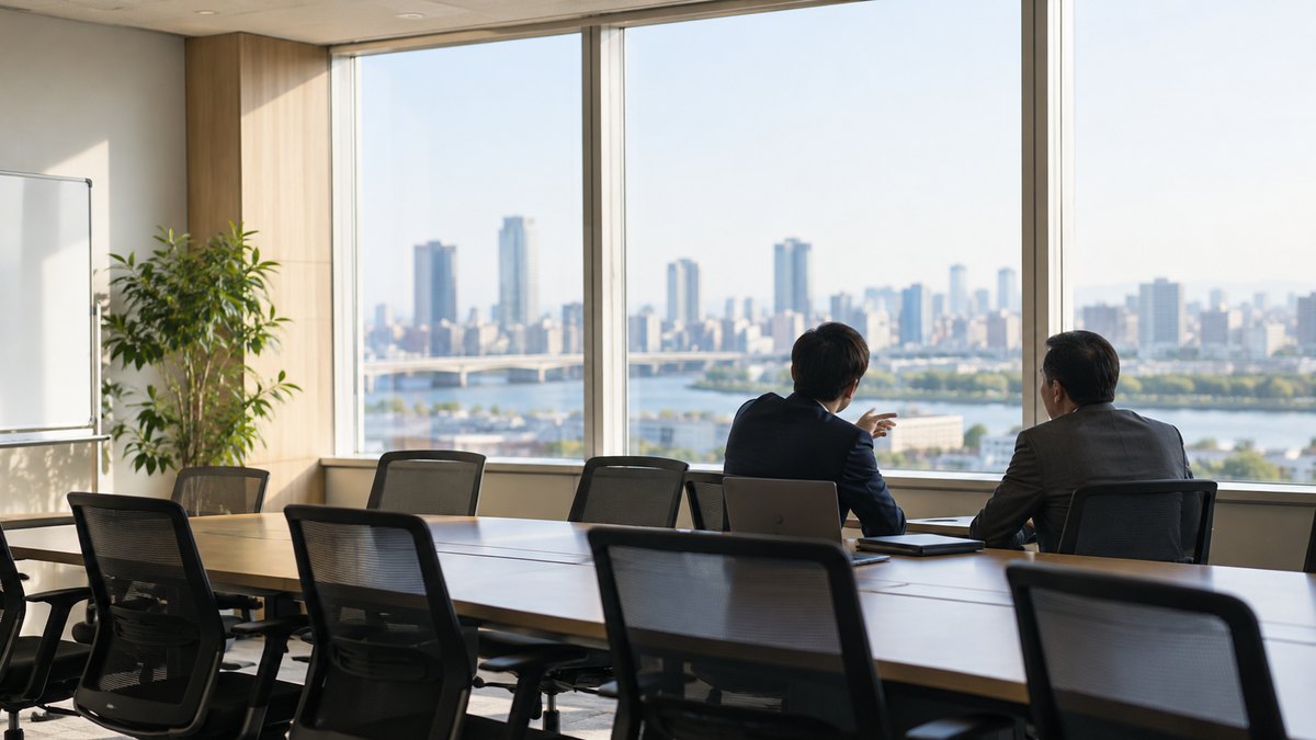 午後、会社の会議室で会議が始まる前、30代の男性会社員と40代の男性の同僚が長机の端に座り、男性が窓の外の景色を見ながら同僚に短く話しかけている遠景。顔ははっきり写らない。ホワイトボードや資料の文字は見えない