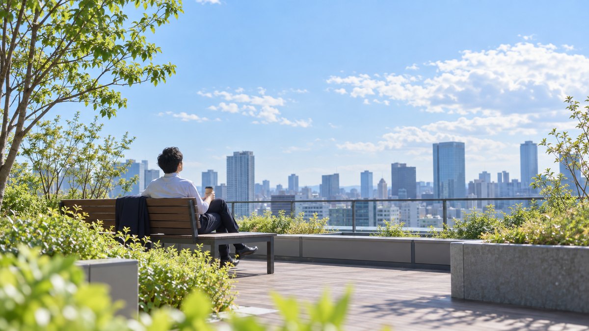 晴れた日の昼休み、オフィスビルの屋上の庭のベンチで、30代の男性会社員がひとりで紙コップの飲み物を手に、肩の力を抜いて空を眺めている遠景。顔ははっきり写らない。文字は無い