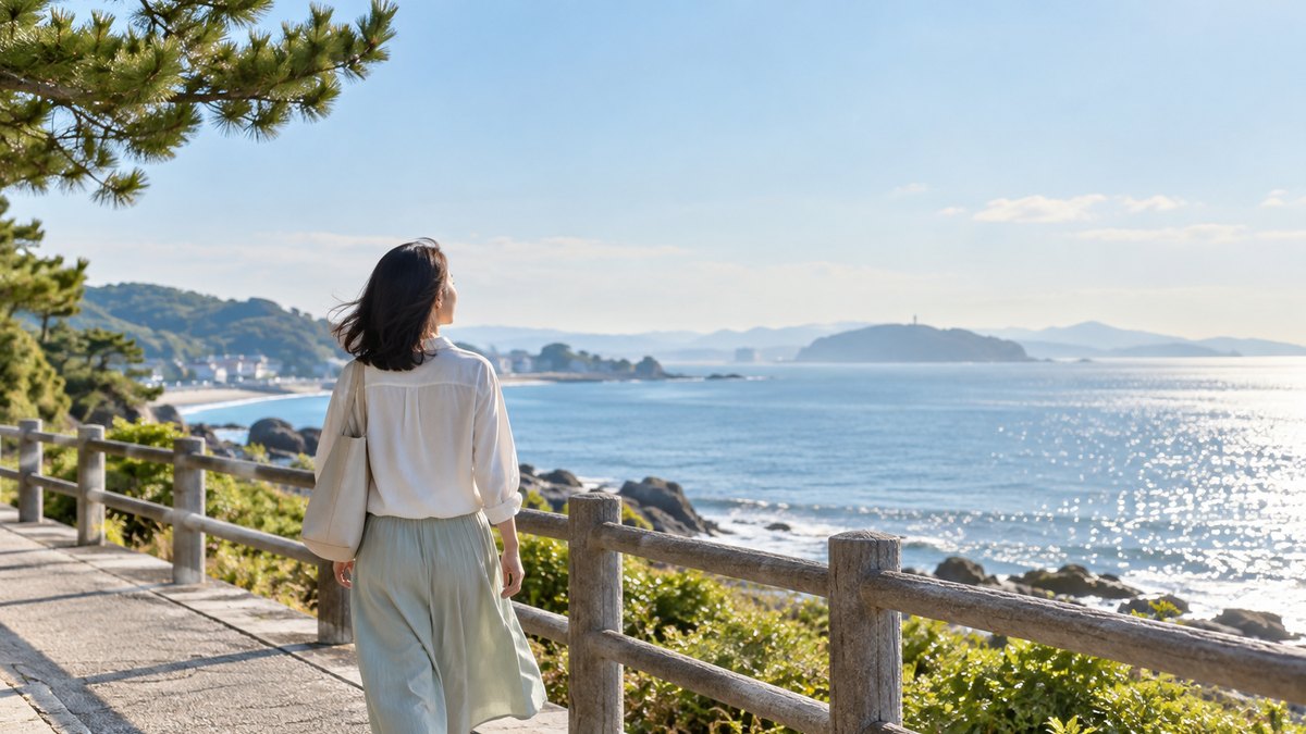 休日の朝、海の見える遊歩道で、40代の女性がゆっくり歩きながら深く息を吸い、穏やかな表情で海を見ている遠景。顔ははっきり写らない。文字は無い