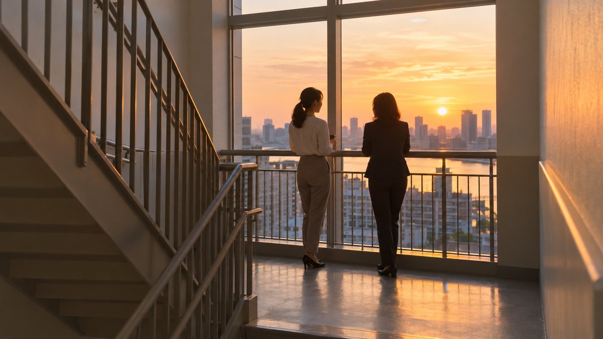 夕方、オフィスビルの非常階段の踊り場の明るい窓ぎわで、30代の女性会社員が同年代の女性の同僚と並んで、窓の外の夕焼けを見ながら話している遠景。顔ははっきり写らない。文字は無い