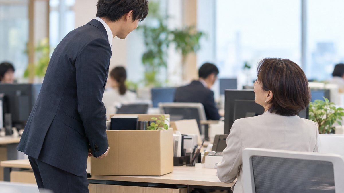 朝、新しい部署のフロアで、段ボール箱を机に置いた30代の男性会社員が、隣の席の40代の女性の同僚に軽く会釈して自己紹介している近景。顔ははっきり写らない。箱や机の上の文字は見えない