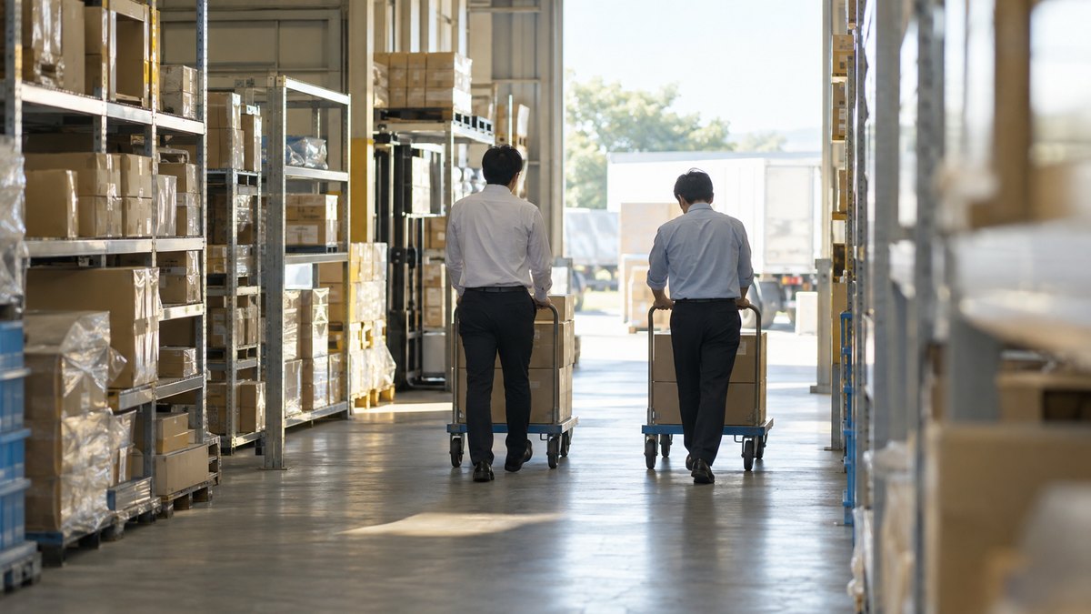 朝、会社の倉庫の通路で、30代の男性会社員と同年代の男性の同僚が並んで台車を押しながら、少し気まずそうに前を見て歩いている遠景。顔ははっきり写らない。棚や箱の文字は見えない