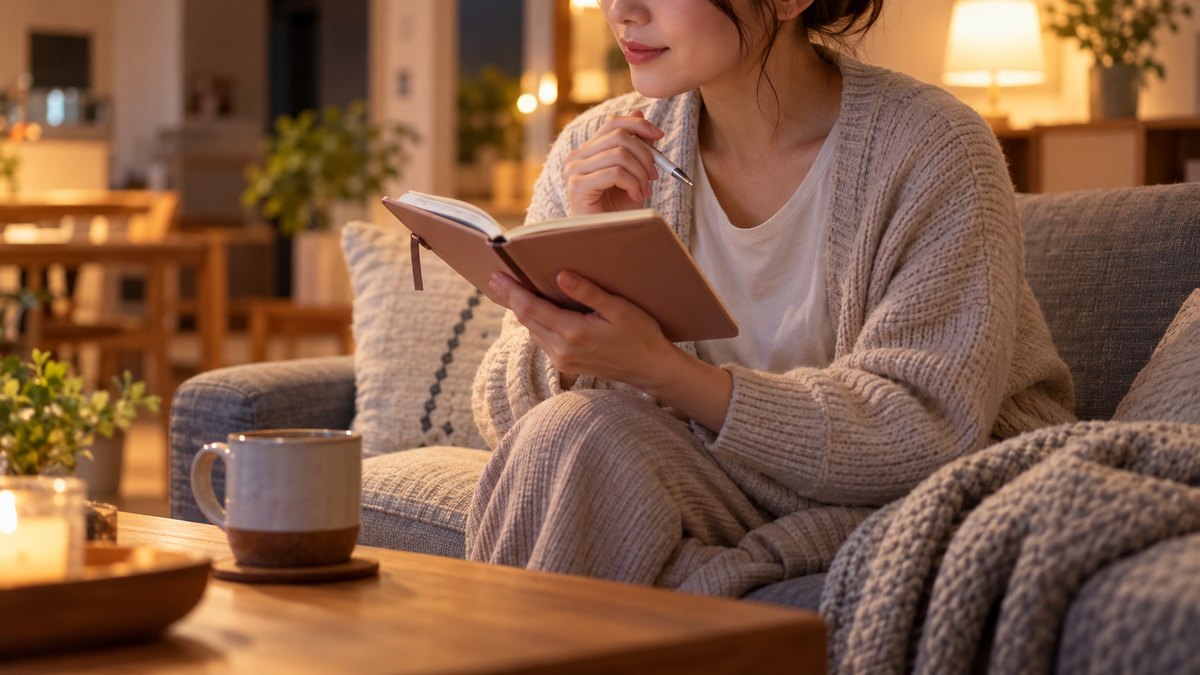 夜、自宅のリビングのソファで、30代の女性会社員が仕事から帰ってくつろぎながら、小さな手帳を開いて翌日のことを穏やかな表情で考えている近景。顔ははっきり写らない。手帳の文字は読めない