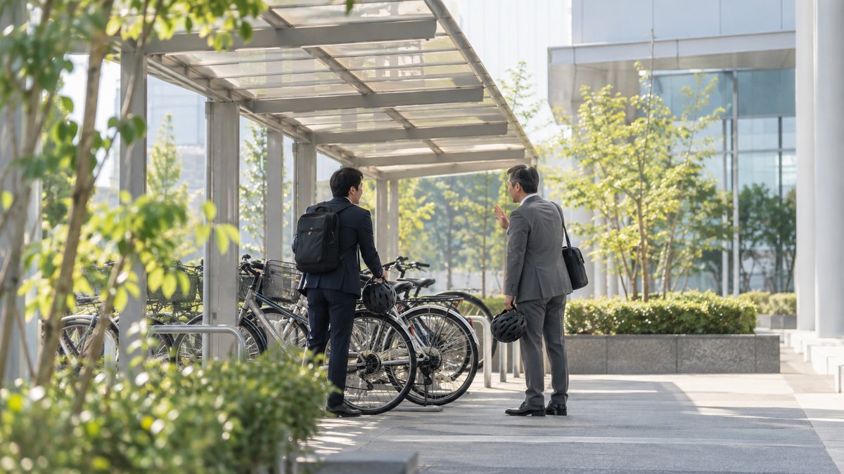 朝、会社の屋根つきの駐輪場で、自転車を止めたばかりの30代の男性会社員と40代の男性の同僚が、ヘルメットを手に軽くあいさつを交わしている遠景。顔ははっきり写らない。看板や表示の文字は見えない