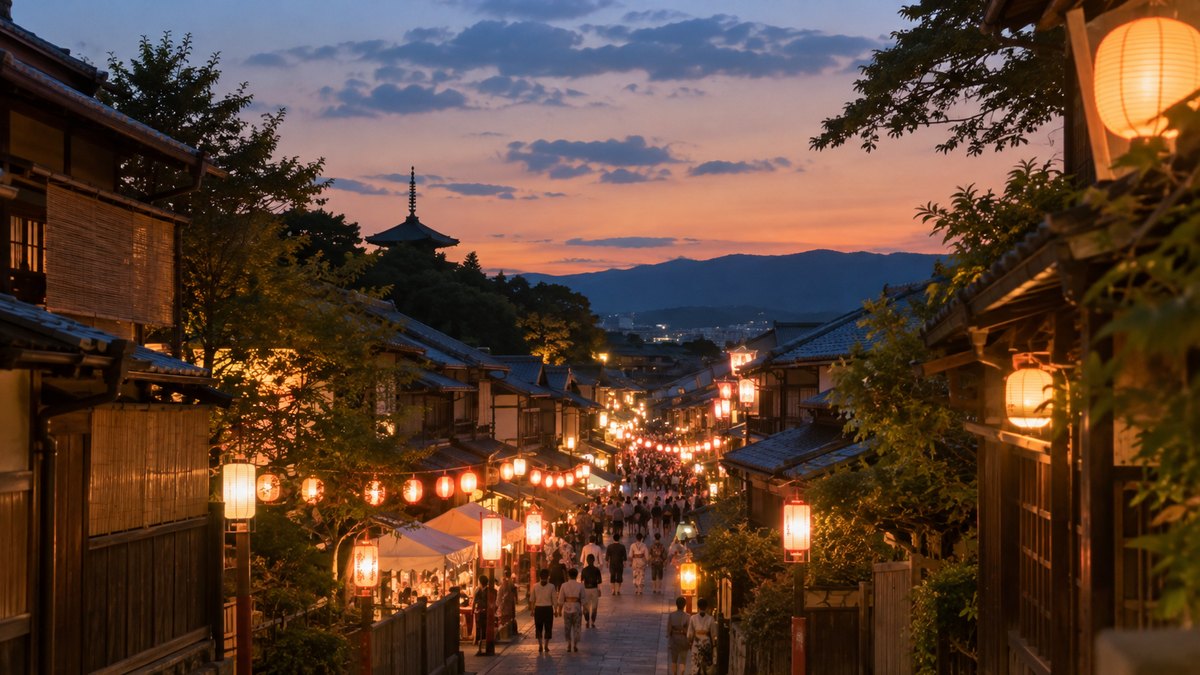 夏の宵の京都の路地で、提灯の明かりが並ぶ祭りの通りを、少し離れた場所から見た遠景。人は小さく写り、顔は分からない
