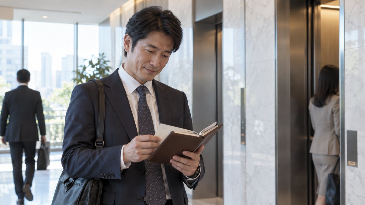 朝、オフィスビルのエレベーターホールで、40代の男性が二つ折りの手帳にはさんだ案内状に目を落とし、懇親会の参加者の顔ぶれを思い浮かべている。紙の文字は読めない