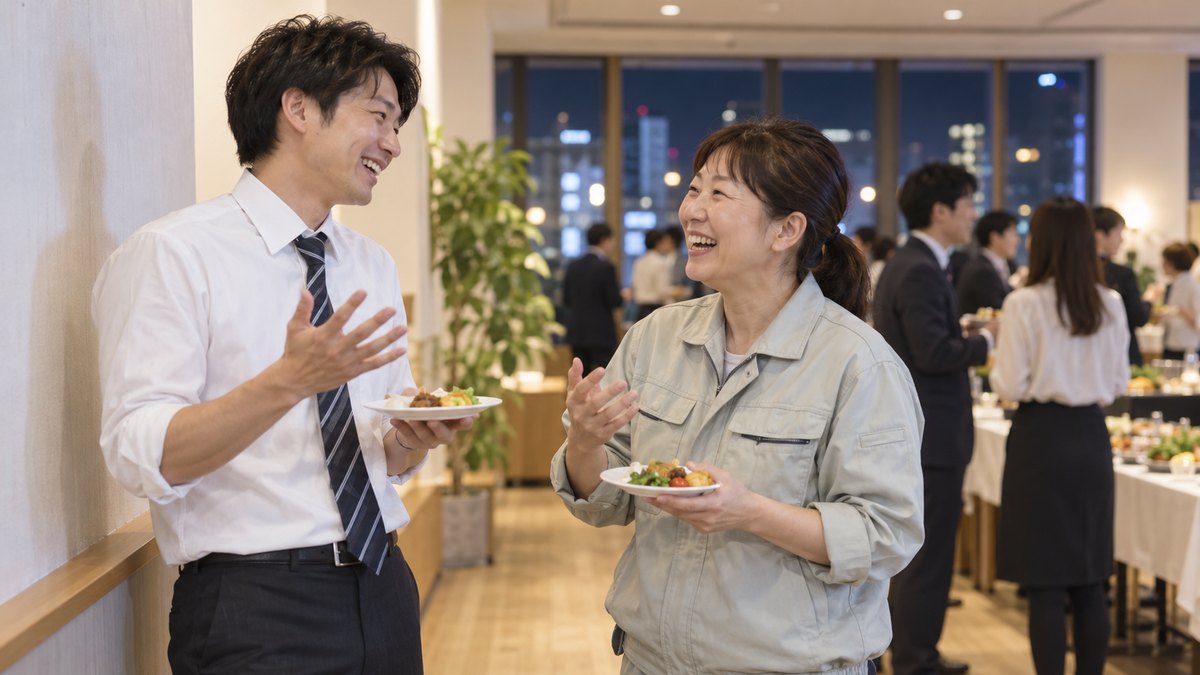 夜の明るい多目的ホールで、ワイシャツ姿の30代の男性と作業着の40代の女性が、料理の皿を手に壁際で話し込み、身ぶりを交えて笑っている