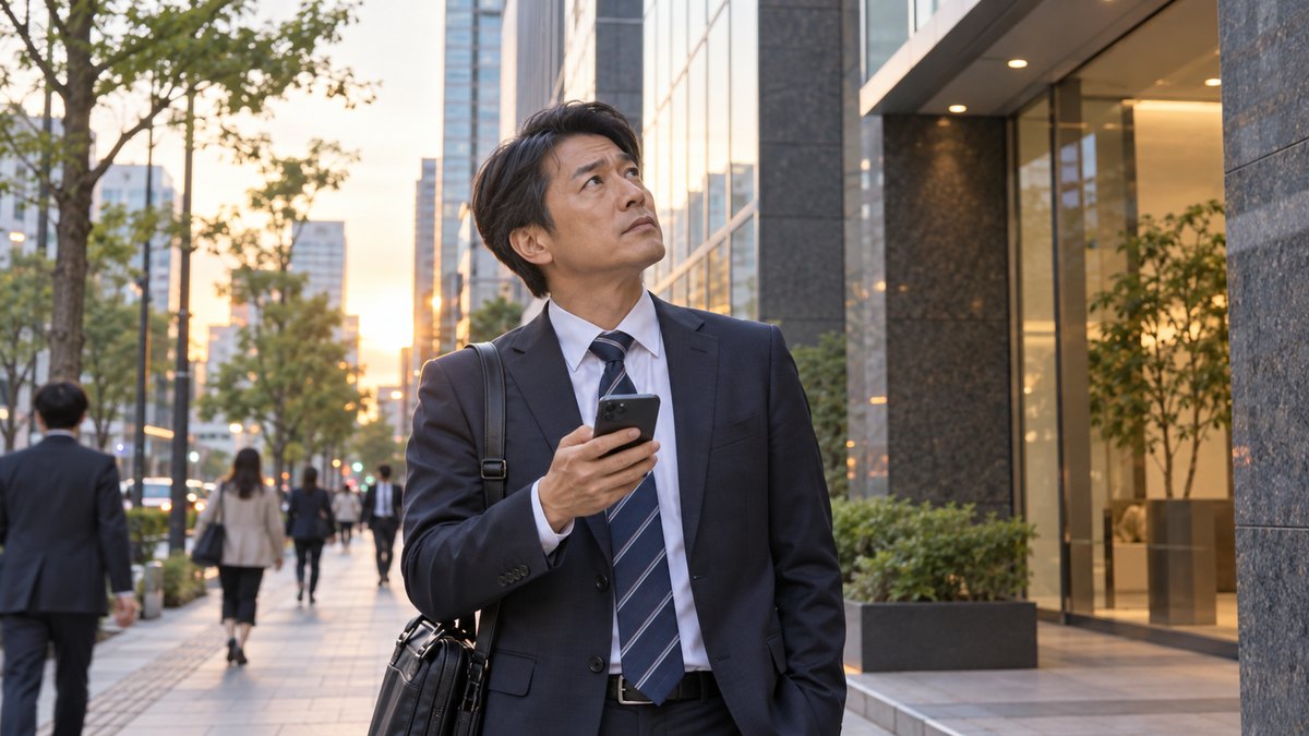 夕方、オフィス街の歩道で、スーツの40代の男性がスマートフォンの地図を見ながら、隣のビルを見上げて首をかしげている。画面の文字は見えない