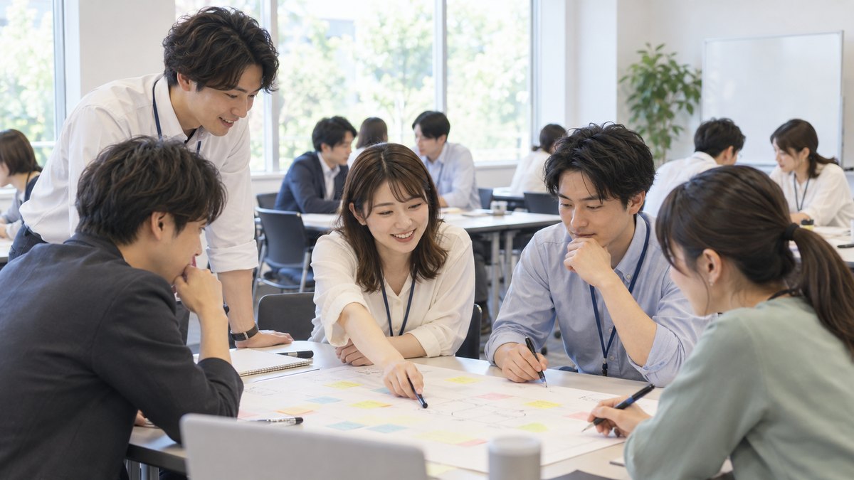 昼、企業の研修所の教室で、20代と30代の社員たちがグループに分かれ、模造紙を囲んで課題に取り組んでいる。紙の文字は読めない