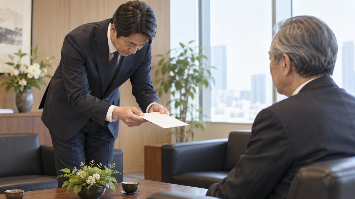 午後の会社の応接室で、40代の男性社員が取引先の60代の男性に丁寧に頭を下げ、無地の封筒に入った案内状を両手で差し出している