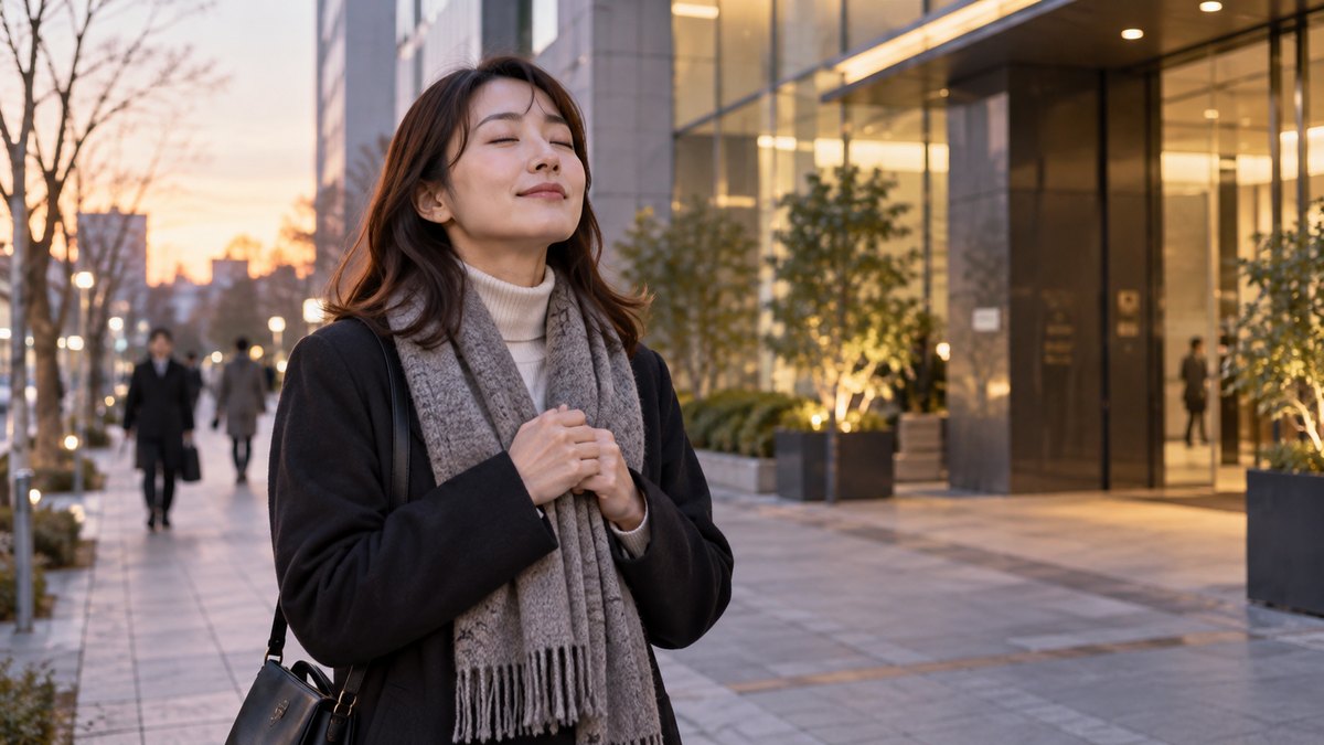 冬の夕方、会場のビルの前の歩道で、コートを着た30代の女性が立ち止まり、両手を軽く握って目を閉じ、ゆっくり息を吐いている