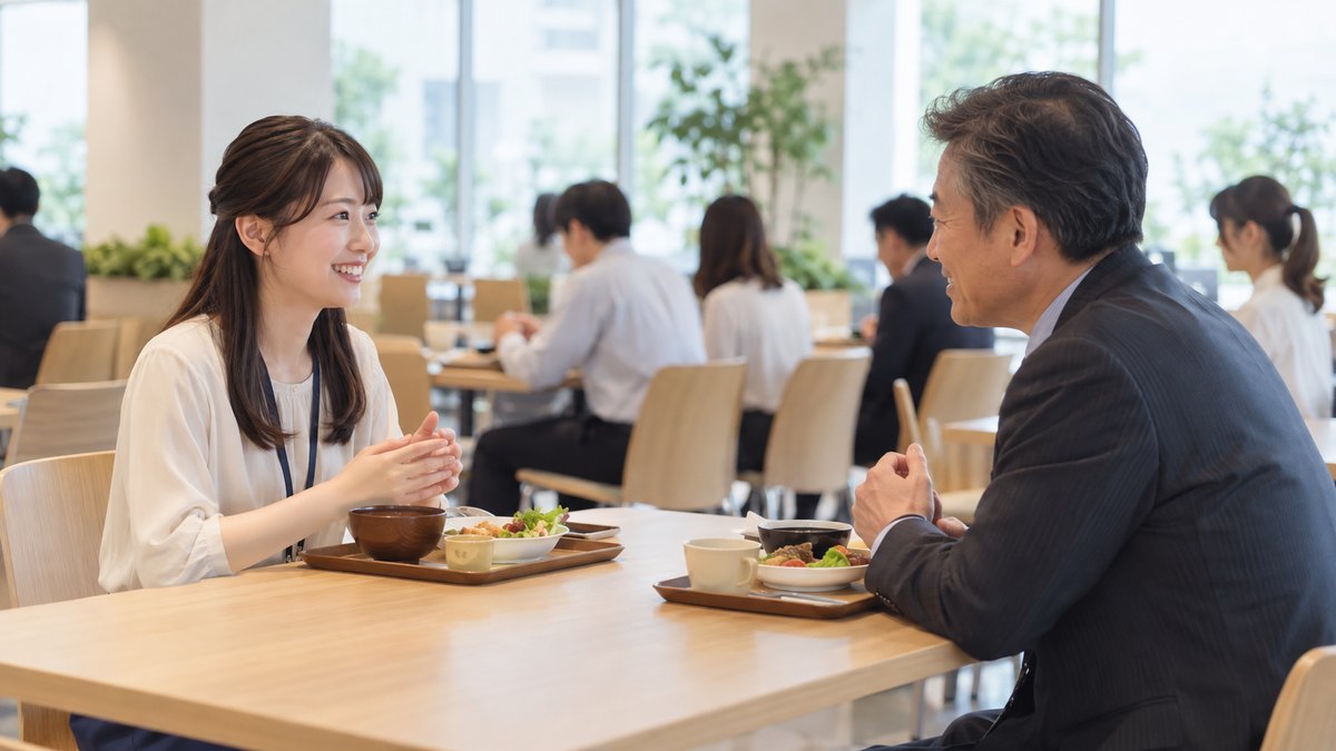 昼の社員食堂で、違う部署の20代の女性と50代の男性が向かい合って座り、トレーを前に初めて自己紹介をしている