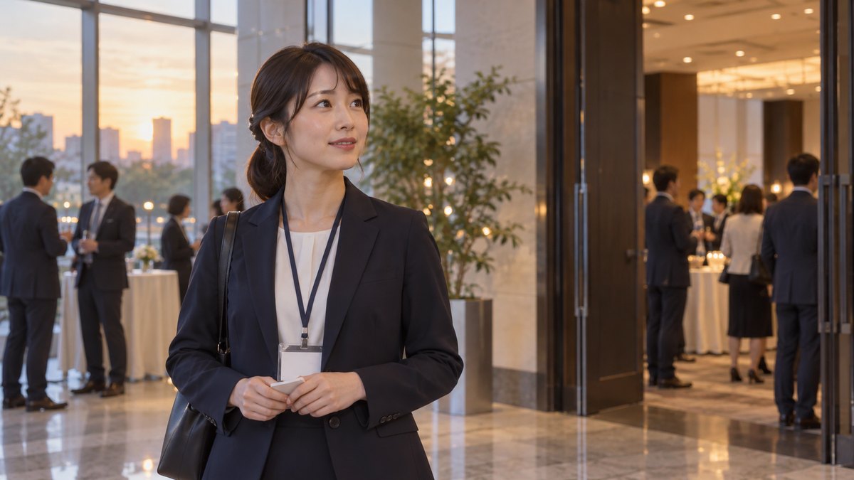 夕方の会議センターのロビーで、名札を下げた女性がメモを閉じて顔を上げ、懇親会の会場の扉の方を見ている