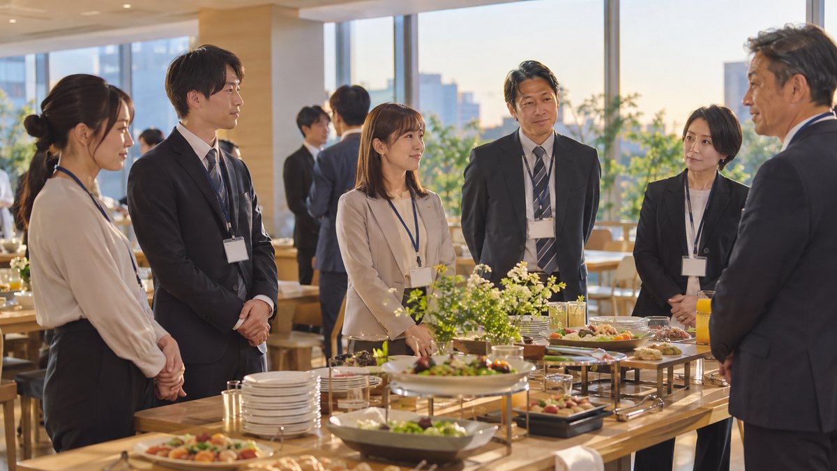 夕方、企業の研修施設の明るい食堂で、立食の懇親会が始まる前に、名札を首から下げた20代から50代の社員たちが料理の並んだテーブルの周りで少しぎこちなく立っている。名札の文字は読めない
