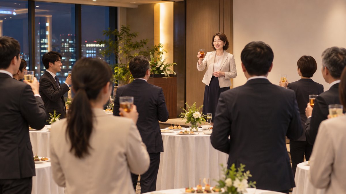 夜、企業の研修センターの多目的ホールで、白いクロスの丸テーブルが並ぶ立食の会場の前方に、40代の女性がウーロン茶のグラスを持って立ち、参加者がグラスを手に彼女の方を向いている