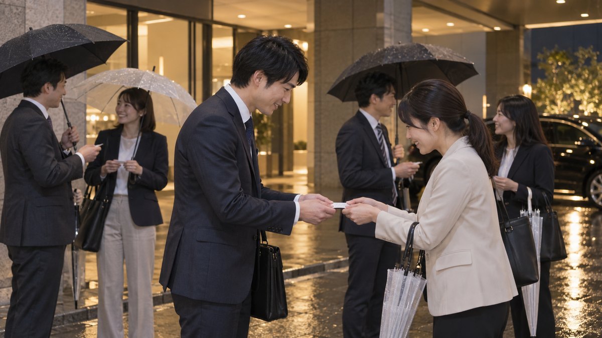 雨上がりの夜、オフィスビルの外の車寄せで、懇親会を終えた参加者たちが傘を手に立ち話をしながら、名刺を両手で交換している。背景に夜景や高層ビルの窓は無い