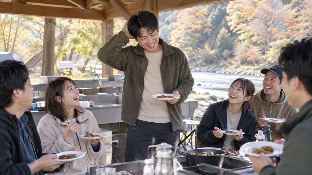 秋の昼、川沿いのキャンプ場の炊事棟で、社員の親睦会に来た30代の男性が照れくさそうに頭をかきながら話し、周りの同僚たちが紙皿を手に笑っている
