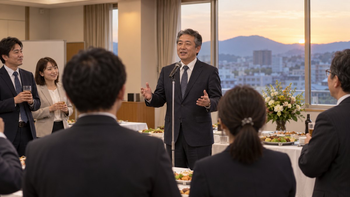 夕方、地方都市の商工会館の会議室を片付けて用意した懇親会の会場で、50代の男性主催者がマイクの前に立ち、手元を見ずに前を向いて話し始めている