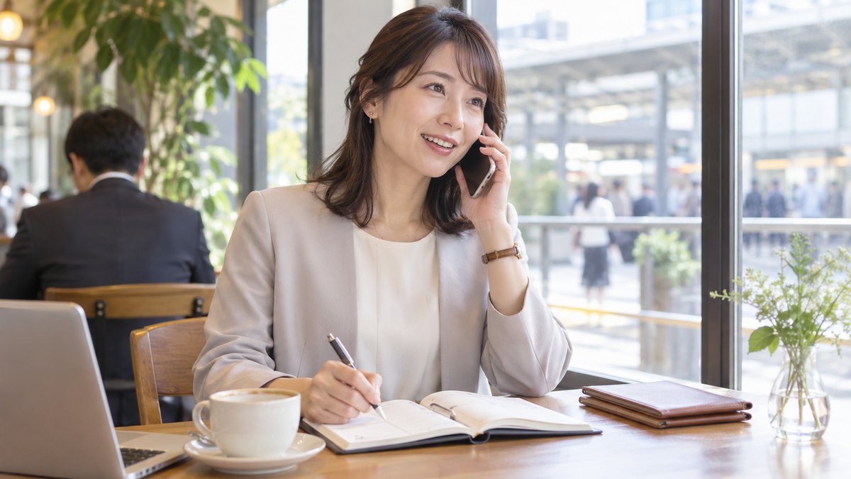 朝、駅前のカフェの窓際の席で、30代の幹事の女性が手帳に線を引きながら、スマートフォンで誰かに丁寧に挨拶をお願いしている