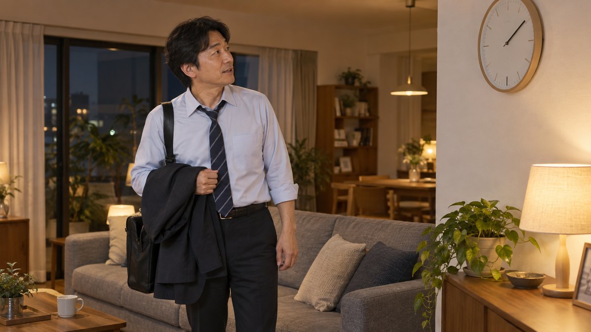 夜の自宅のリビングで、40代の男性がソファの前に立ち、壁の時計をちらりと見ながら小さな声で挨拶を口にしている