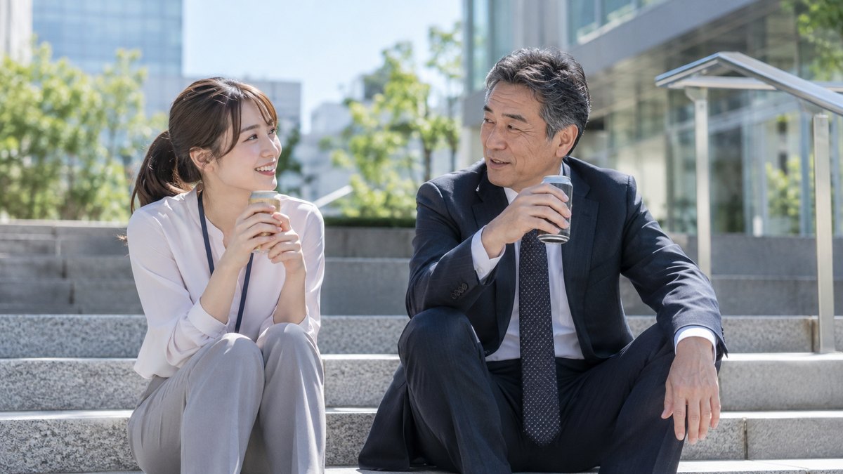 晴れた昼、オフィスビルの屋外の階段に腰かけた20代の女性と50代の男性の同僚が、缶コーヒーを手に穏やかに話している。缶の文字は見えない